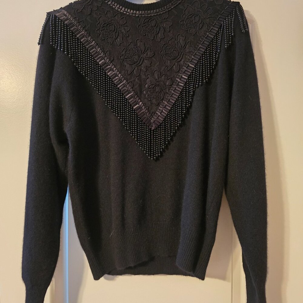Diane Freis Knits Black Beaded Fringed Embroidered Black Angora & Wool Cutout L - Picture 5 of 17